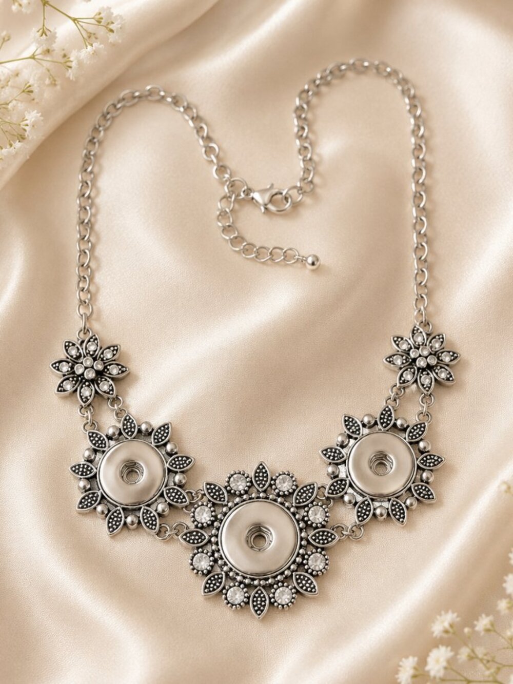 Silvertone Floral Triple Snap Necklace Rhinestone Interchangeable Pendant